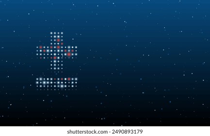 A la izquierda está el símbolo más-menos lleno de puntos blancos. Patrón de fondo de puntos y círculos de diferentes tonos. Ilustración vectorial sobre fondo azul con estrellas