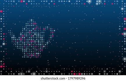 On the left is the teapot symbol filled with white dots. Abstract futuristic frame of dots and circles. Some dots is pink. Vector illustration on blue background with stars