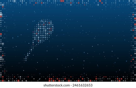 A la izquierda está el símbolo de la raqueta de tenis llena de puntos blancos. Estilo puntillismo. Abstractas marco futurista de puntos y círculos. Algunos puntos son rojos. Ilustración vectorial sobre fondo azul con estrellas