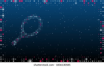 On the left is the tennis symbol filled with white dots. Abstract futuristic frame of dots and circles. Some dots is pink. Vector illustration on blue background with stars