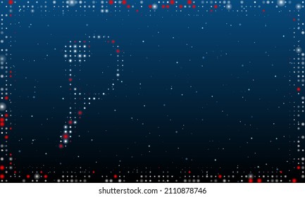 On the left is the tennis symbol filled with white dots. Pointillism style. Abstract futuristic frame of dots and circles. Some dots is red. Vector illustration on blue background with stars