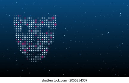 On the left is the theatrical mask symbol filled with white dots. Background pattern from dots and circles of different shades. Vector illustration on blue background with stars