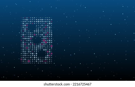 On the left is the Three of hearts playing symbol filled with white dots. Background pattern from dots and circles of different shades. Vector illustration on blue background with stars