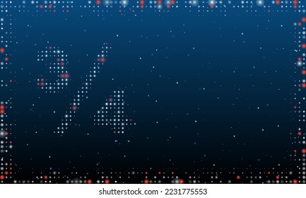 On the left is the three quarters symbol filled with white dots. Pointillism style. Abstract futuristic frame of dots and circles. Some dots is red. Vector illustration on blue background with stars