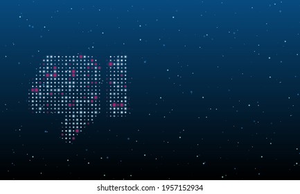 On the left is the thumb down symbol filled with white dots. Background pattern from dots and circles of different shades. Vector illustration on blue background with stars