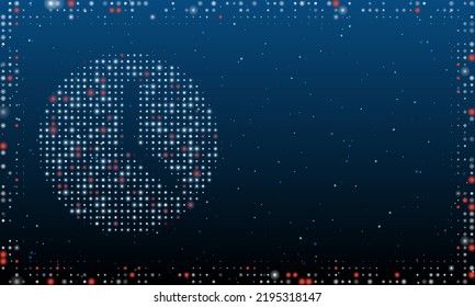 On the left is the time symbol filled with white dots. Pointillism style. Abstract futuristic frame of dots and circles. Some dots is red. Vector illustration on blue background with stars