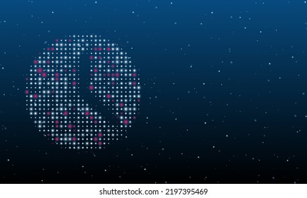 On the left is the time symbol filled with white dots. Background pattern from dots and circles of different shades. Vector illustration on blue background with stars