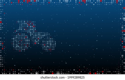 On the left is the tractor symbol filled with white dots. Pointillism style. Abstract futuristic frame of dots and circles. Some dots is red. Vector illustration on blue background with stars