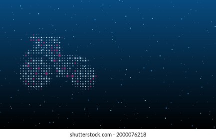 On the left is the tractor symbol filled with white dots. Background pattern from dots and circles of different shades. Vector illustration on blue background with stars