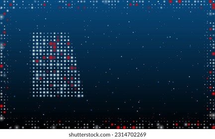 On the left is the trapezium symbol filled with white dots. Pointillism style. Abstract futuristic frame of dots and circles. Some dots is red. Vector illustration on blue background with stars