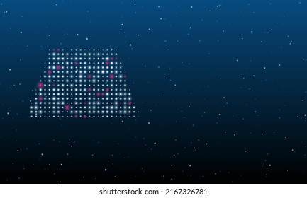 On the left is the trapezoid symbol filled with white dots. Background pattern from dots and circles of different shades. Vector illustration on blue background with stars