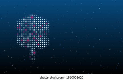 On the left is the tree symbol filled with white dots. Background pattern from dots and circles of different shades. Vector illustration on blue background with stars