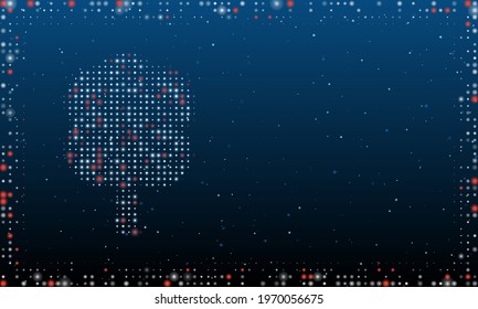 On the left is the tree symbol filled with white dots. Pointillism style. Abstract futuristic frame of dots and circles. Some dots is red. Vector illustration on blue background with stars