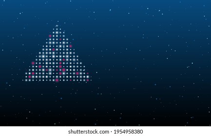 On the left is the triangle symbol filled with white dots. Background pattern from dots and circles of different shades. Vector illustration on blue background with stars