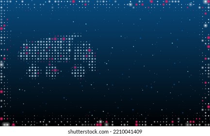 On the left is the truck symbol filled with white dots. Pointillism style. Abstract futuristic frame of dots and circles. Some dots is pink. Vector illustration on blue background with stars