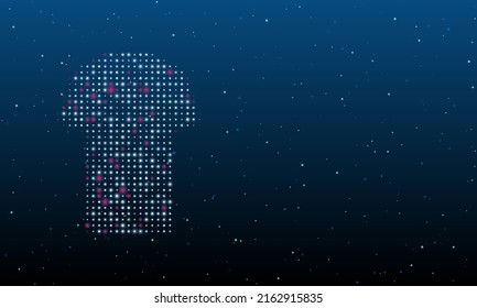 On the left is the t-shirt symbol filled with white dots. Background pattern from dots and circles of different shades. Vector illustration on blue background with stars