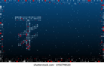 On the left is the tugrik symbol filled with white dots. Pointillism style. Abstract futuristic frame of dots and circles. Some dots is red. Vector illustration on blue background with stars