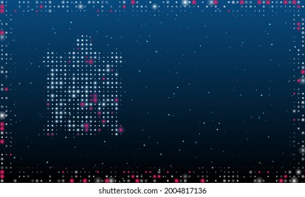 On the left is the turtle symbol filled with white dots. Pointillism style. Abstract futuristic frame of dots and circles. Some dots is pink. Vector illustration on blue background with stars