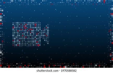 On the left is the video camera symbol filled with white dots. Pointillism style. Abstract futuristic frame of dots and circles. Some dots is red. Vector illustration on blue background with stars