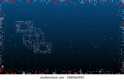 On the left is the videoconference symbol filled with white dots. Pointillism style. Abstract futuristic frame of dots and circles. Some dots is red. Vector illustration on blue background with stars