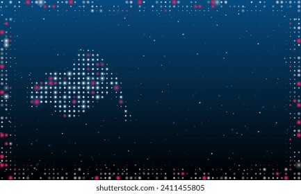 On the left is the vise symbol filled with white dots. Pointillism style. Abstract futuristic frame of dots and circles. Some dots is pink. Vector illustration on blue background with stars