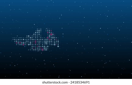 On the left is the vise symbol filled with white dots. Background pattern from dots and circles of different shades. Vector illustration on blue background with stars