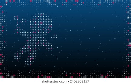 On the left is the Voodoo Doll symbol filled with white dots. Pointillism style. Abstract futuristic frame of dots and circles. Some dots is pink. Vector illustration on blue background with stars