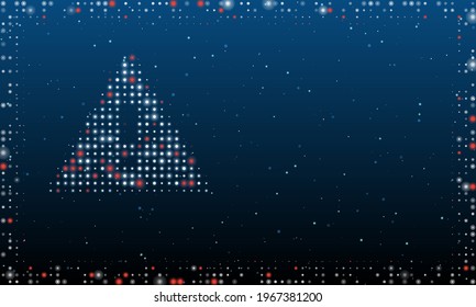 A la izquierda está el símbolo de advertencia con puntos blancos. Estilo de puntillismo. Resumen marco futurista de puntos y círculos. Algunos puntos son rojos. Ilustración vectorial sobre fondo azul con estrellas