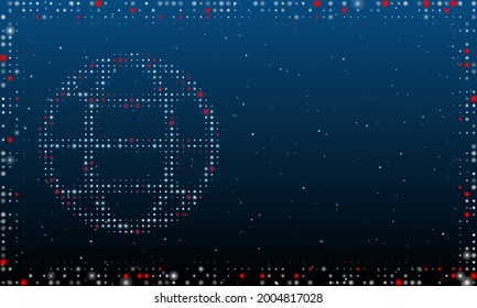 On the left is the web symbol filled with white dots. Pointillism style. Abstract futuristic frame of dots and circles. Some dots is red. Vector illustration on blue background with stars