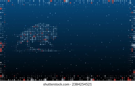 On the left is the wild buffalo symbol filled with white dots. Pointillism style. Abstract futuristic frame of dots and circles. Some dots is red. Vector illustration on blue background with stars