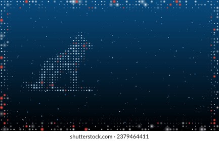 On the left is the wild wolf symbol filled with white dots. Pointillism style. Abstract futuristic frame of dots and circles. Some dots is red. Vector illustration on blue background with stars