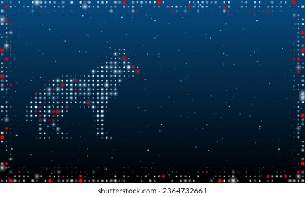 On the left is the wolf symbol filled with white dots. Pointillism style. Abstract futuristic frame of dots and circles. Some dots is red. Vector illustration on blue background with stars