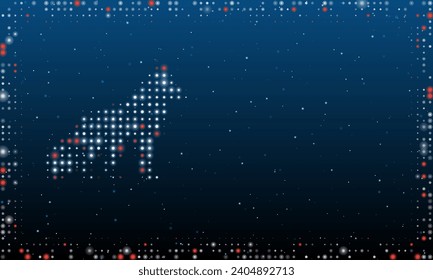 On the left is the wolf symbol filled with white dots. Pointillism style. Abstract futuristic frame of dots and circles. Some dots is red. Vector illustration on blue background with stars
