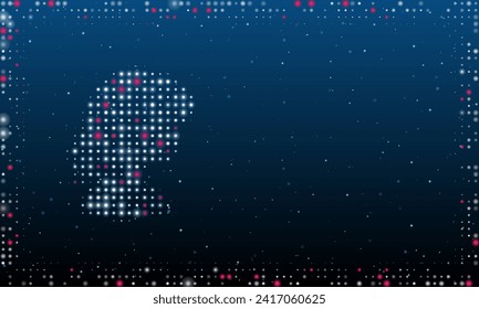 On the left is the woman face profile symbol filled with white dots. Abstract futuristic frame of dots and circles. Vector illustration on blue background with stars