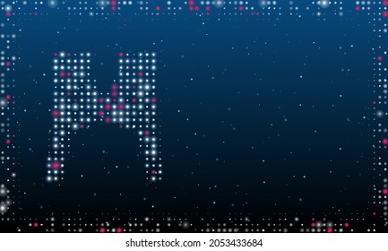 On the left is the women's jacket symbol filled with white dots. Pointillism style. Abstract futuristic frame of dots and circles. Some dots is pink. Vector illustration on blue background with stars