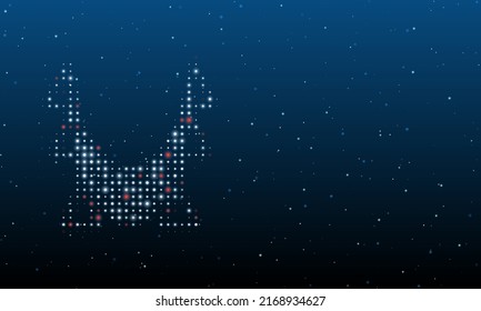 On the left is the yoga hammock symbol filled with white dots. Background pattern from dots and circles of different shades. Vector illustration on blue background with stars