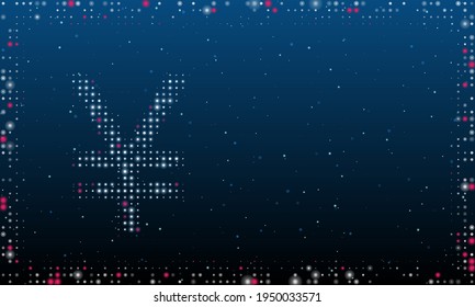 On the left is the yuan symbol filled with white dots. Pointillism style. Abstract futuristic frame of dots and circles. Some dots is pink. Vector illustration on blue background with stars