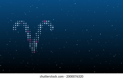 On the left is the zodiac aries symbol filled with white dots. Background pattern from dots and circles of different shades. Vector illustration on blue background with stars
