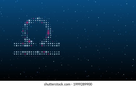 On the left is the zodiac libra symbol filled with white dots. Background pattern from dots and circles of different shades. Vector illustration on blue background with stars