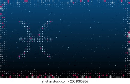 On the left is the zodiac pisces symbol filled with white dots. Pointillism style. Abstract futuristic frame of dots and circles. Some dots is pink. Vector illustration on blue background with stars