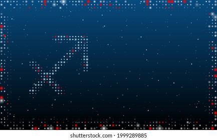 On the left is the zodiac sagittarius symbol filled with white dots. Abstract futuristic frame of dots and circles. Vector illustration on blue background with stars