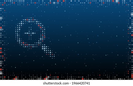 A la izquierda está el símbolo de zoom con puntos blancos. Estilo de puntillismo. Resumen marco futurista de puntos y círculos. Algunos puntos son rojos. Ilustración vectorial sobre fondo azul con estrellas