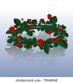 on an light background of a large wreath of red roses
