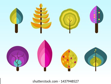 On a light background there is a collection of vector minimalistic multicolored images of trees.