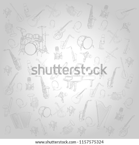 on light gray background, linear dark gray drawing, musical instruments, vector. It is used in web design and printing. For a banner.