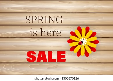 on a light wooden background the signature is spring here, sale with a red flower and a ladybird