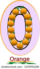 
on a lilac background in an orange circle, oranges in the shape of the letter C, fruit alphabet, underlined name and orange leaves below