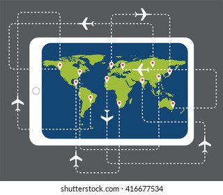 On line booking flight ticket with tablet pc, vector concept