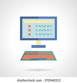 On line education concept. Computer monitor with list of lessons or tasks. E-learning. E-business. Vector icon flat color style. Web design element for site, mobile and business.