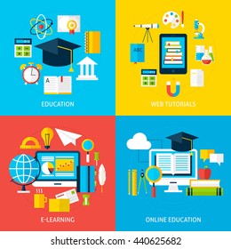 On line Education and Learning Service Concepts Set. Flat Design Vector Illustration. Collection of Online Tutorial and School Education Posters.